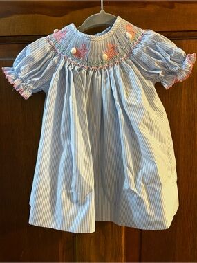 Edgehill Collection Light Blue & Pink Smocked Bunny Dress